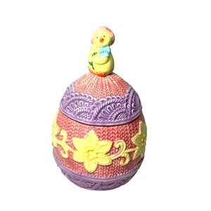 Egg Shaped Embossed Ceramic Jar with Chick on Top 10.5" x 6"